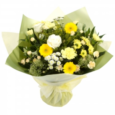 Sunshine Bouquet - A pleasing colour selection suitable for any occasion. The florist will select yellows, whites and greens to deliver a lovely hand tie bouquet.